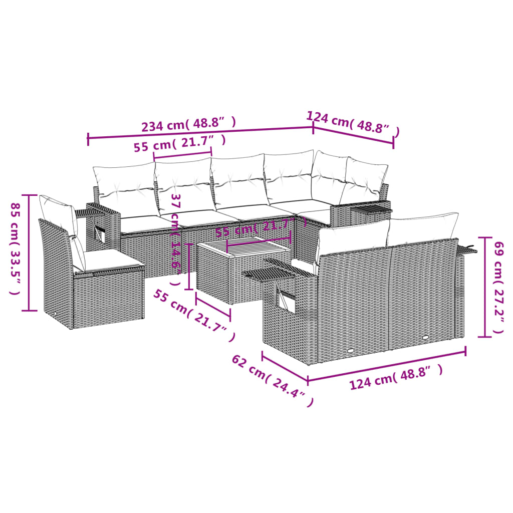 Set Divani da Giardino 9 pz con Cuscini Nero in Polyrattan 3224656