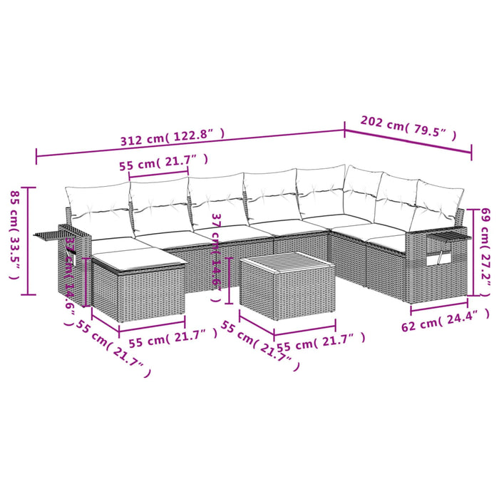 Set Divano da Giardino 9 pz con Cuscini Beige in Polyrattan 3224700