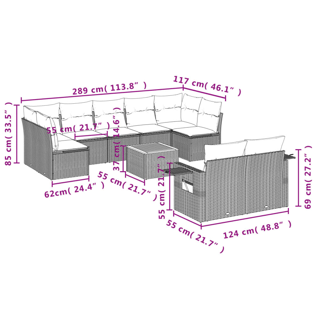 Set Divani da Giardino 10pz con Cuscini in Polyrattan Nero 3224712