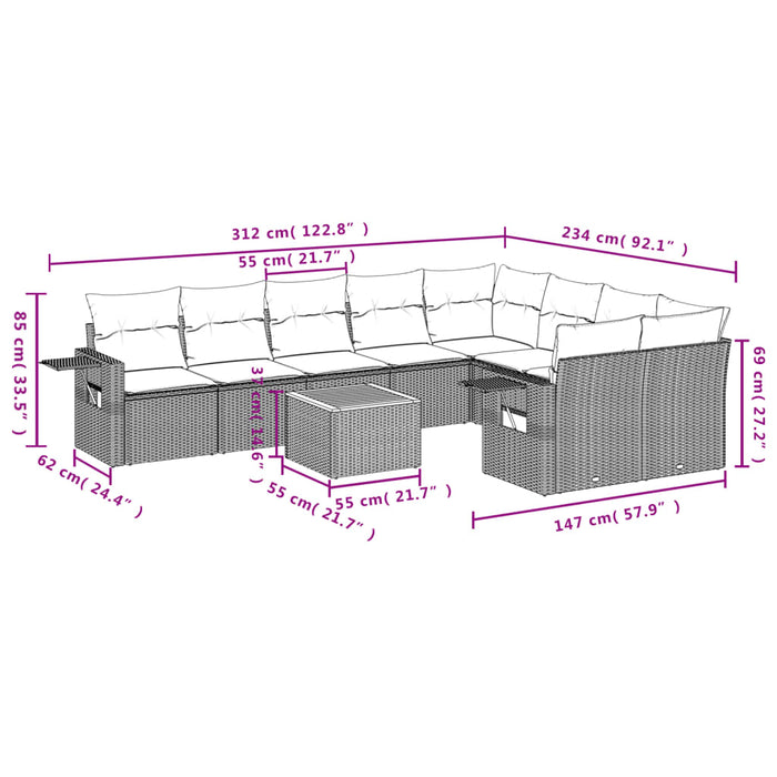 Set Divano da Giardino 10 pz con Cuscini Grigio in Polyrattan 3224723