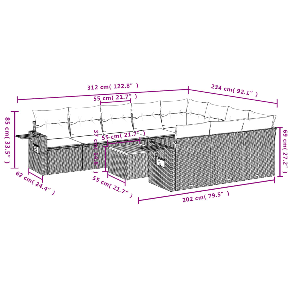 Set Divani da Giardino 11 pz con Cuscini in Polyrattan Nero 3224740