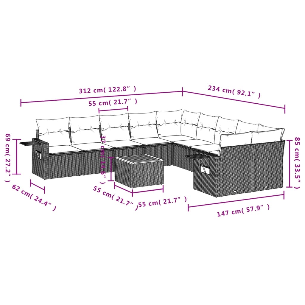 Set Divani da Giardino 11 pz con Cuscini in Polyrattan Nero 3224754