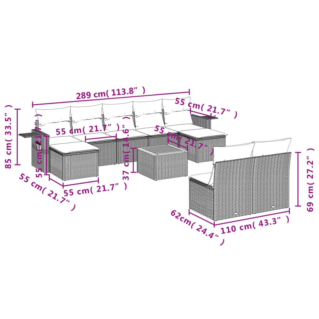 Set Divani da Giardino 10pz con Cuscini in Polyrattan Nero 3224760