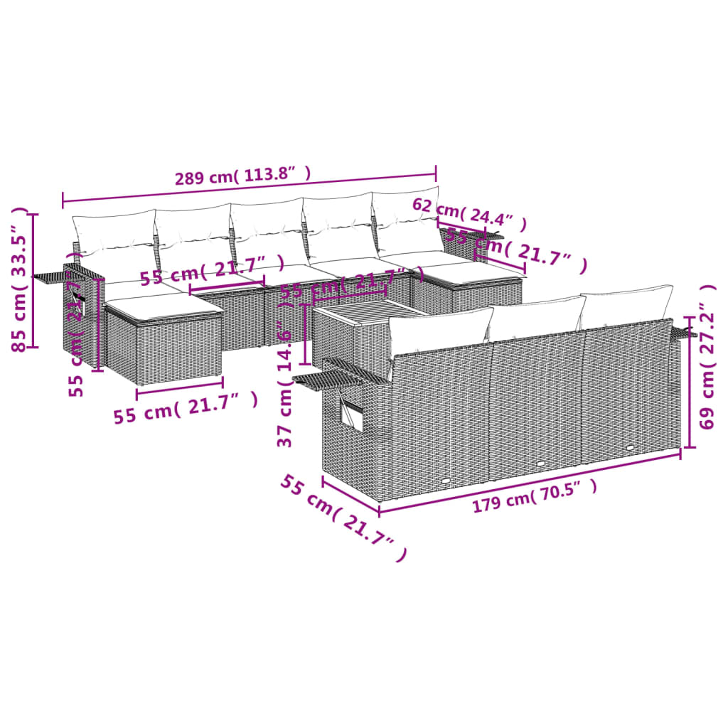 Set Divani da Giardino 11 pz con Cuscini in Polyrattan Grigio 3224786