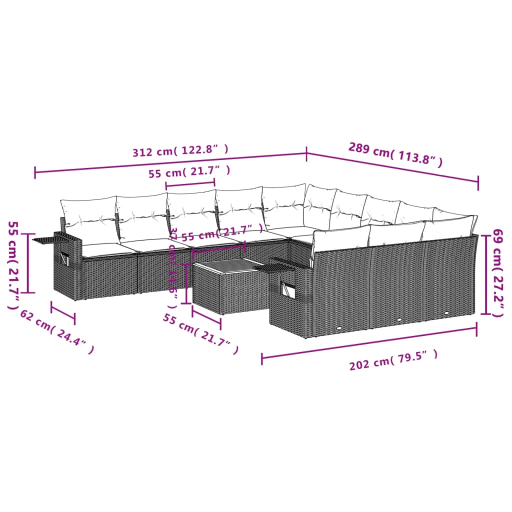 Set Divani da Giardino 12 pz con Cuscini Nero in Polyrattan 3224789