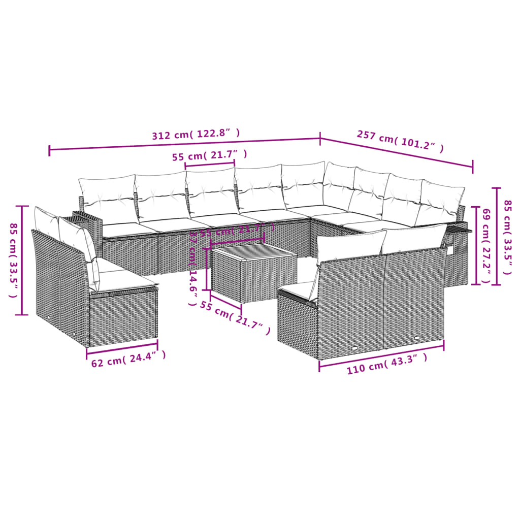 Set Divani da Giardino 13pz con Cuscini Nero in Polyrattan 3224810