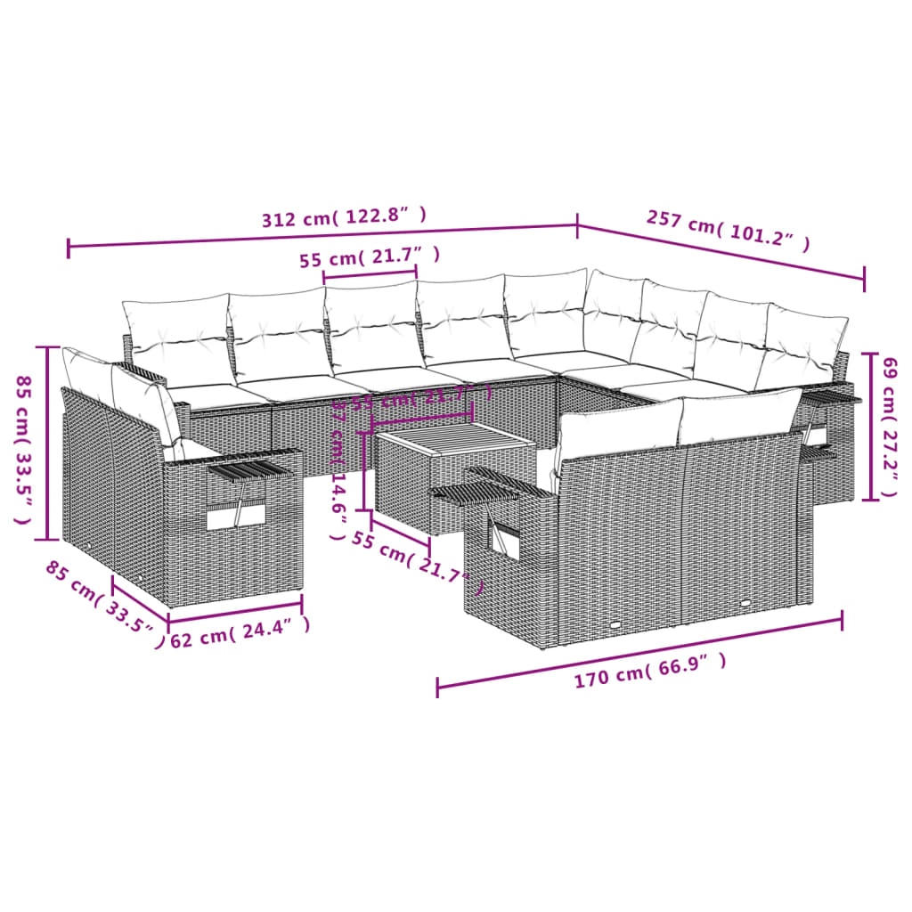 Set Divano da Giardino 13 pz con Cuscini Beige in Polyrattan 3224834