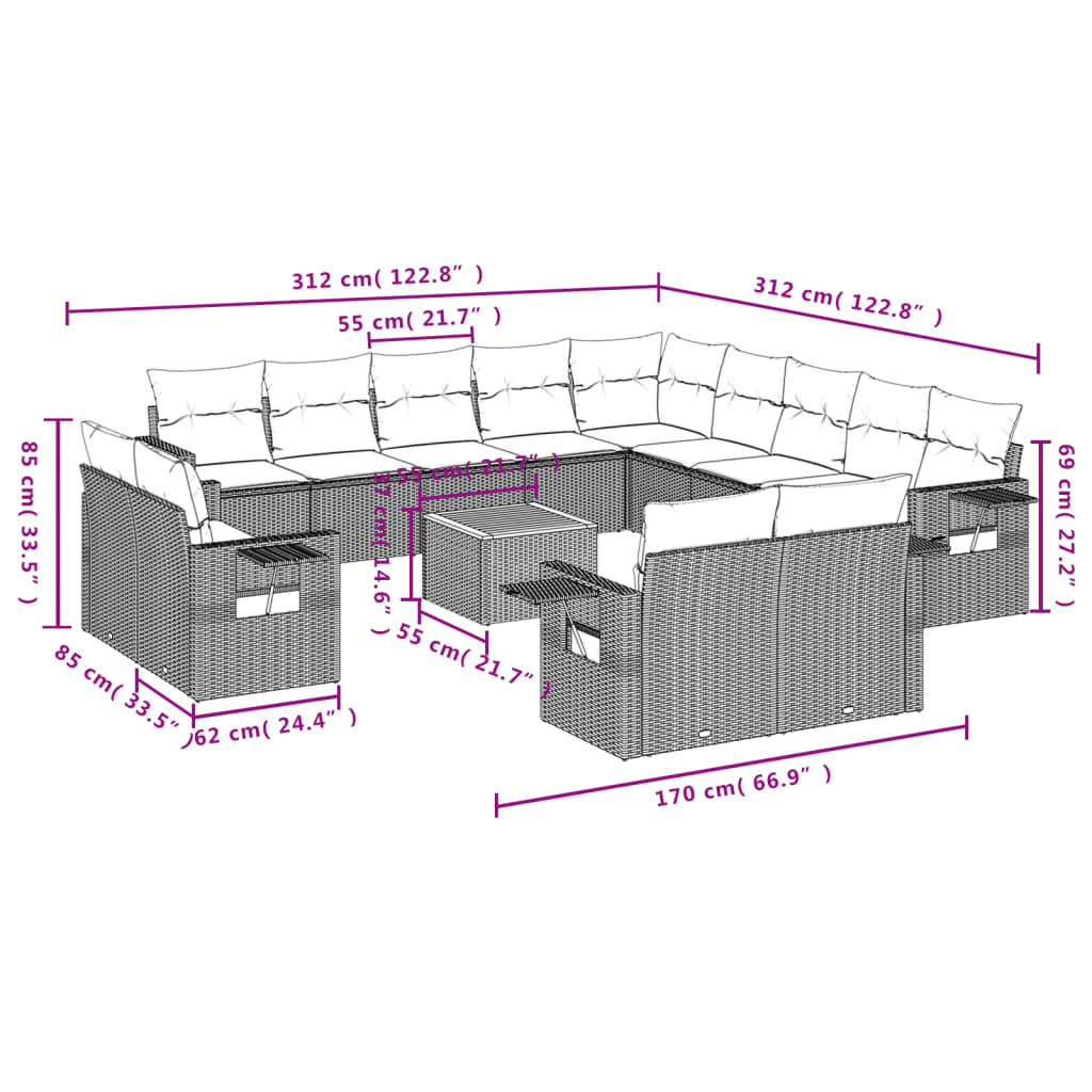 Set Divani da Giardino 14pz con Cuscini in Polyrattan Nero 3224838