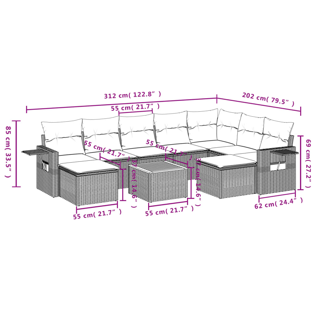 Set Divano da Giardino 10 pz con Cuscini Beige in Polyrattan 3224847