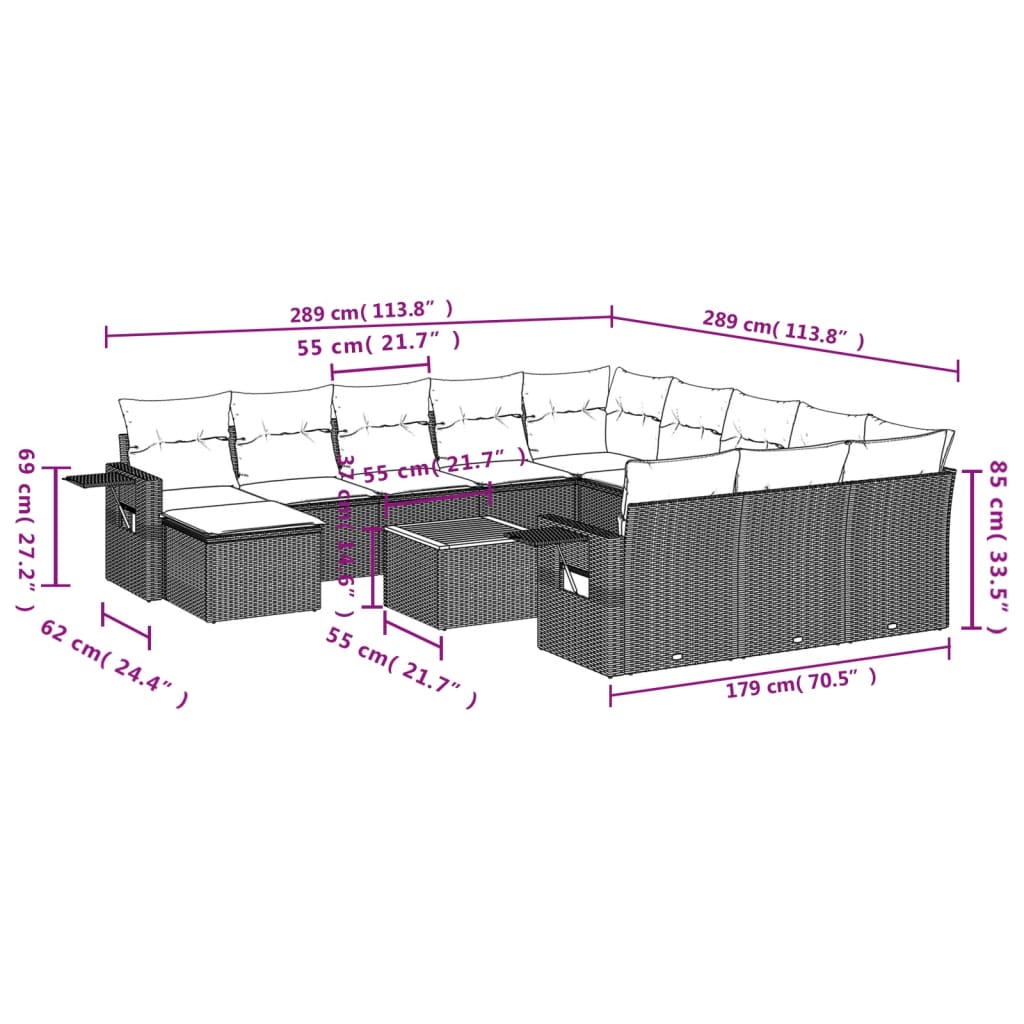 Set Divani da Giardino 13pz con Cuscini Nero in Polyrattan 3224866