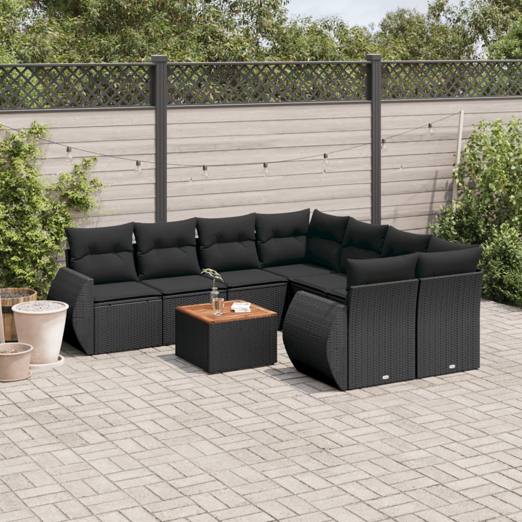 Set Divani da Giardino 9 pz con Cuscini Nero in Polyrattan 3224928