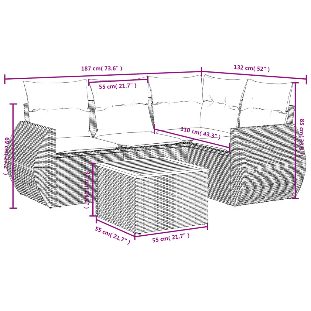 Set Divano da Giardino 5 pz con Cuscini Grigio in Polyrattan 3224989