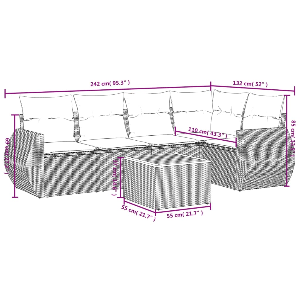 Set Divano da Giardino 6 pz con Cuscini Beige in Polyrattan 3224994