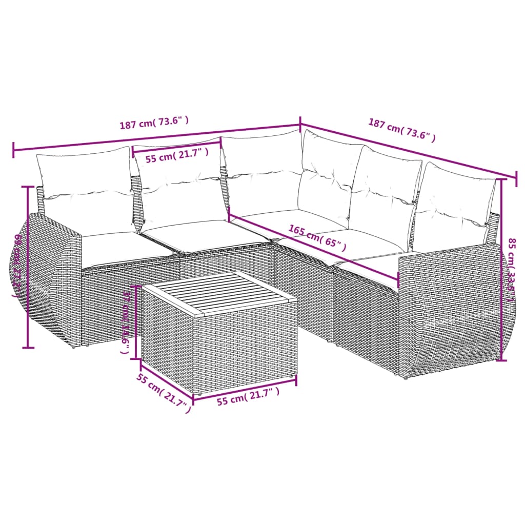 Set Divano da Giardino 6 pz con Cuscini Nero in Polyrattan 3224999