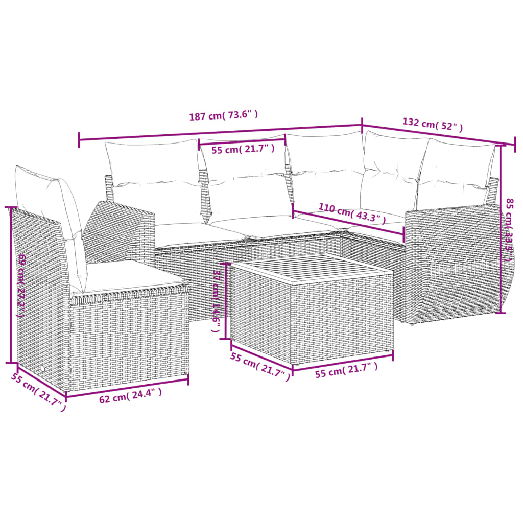 Set Divano da Giardino 6 pz con Cuscini Beige in Polyrattan 3225009