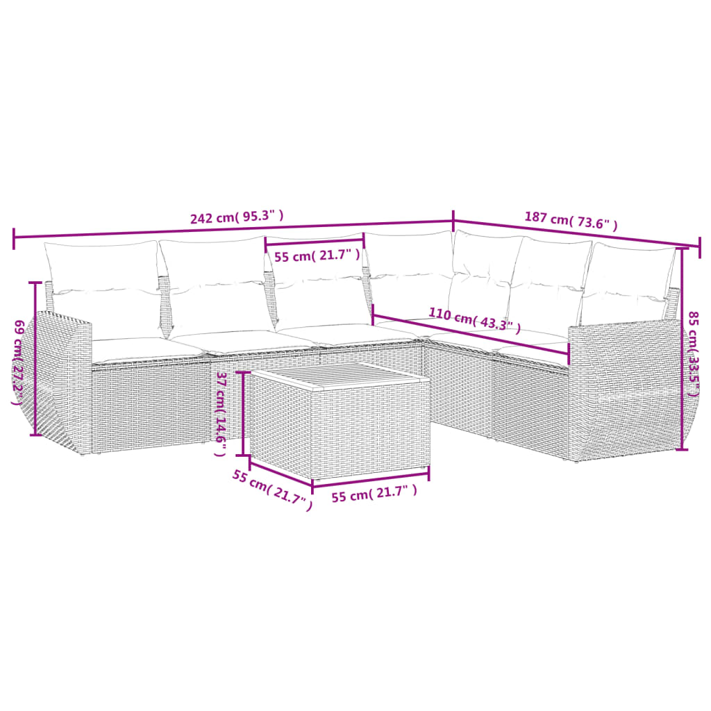 Set Divani da Giardino 7 pz con Cuscini Beige in Polyrattan 3225023