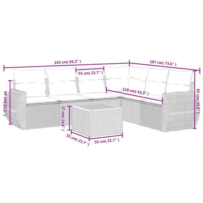 Set Divani da Giardino 7 pz con Cuscini Beige in Polyrattan 3225023