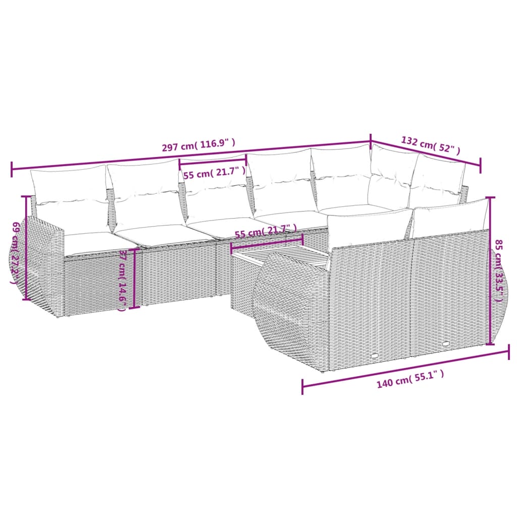 Set Divani da Giardino 9 pz con Cuscini Nero in Polyrattan 3225089