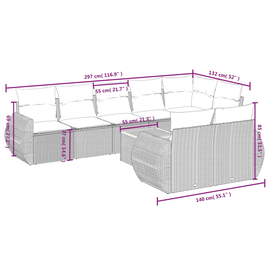 Set Divano da Giardino 9 pz con Cuscini Beige in Polyrattan 3225092