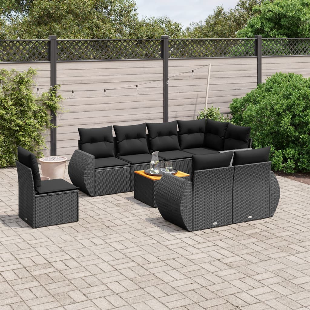 Set Divani da Giardino 9 pz con Cuscini Nero in Polyrattan 3225096