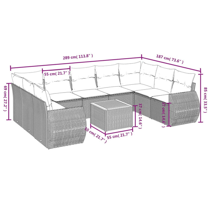 Set Divani da Giardino 10pz con Cuscini in Polyrattan Nero 3225145