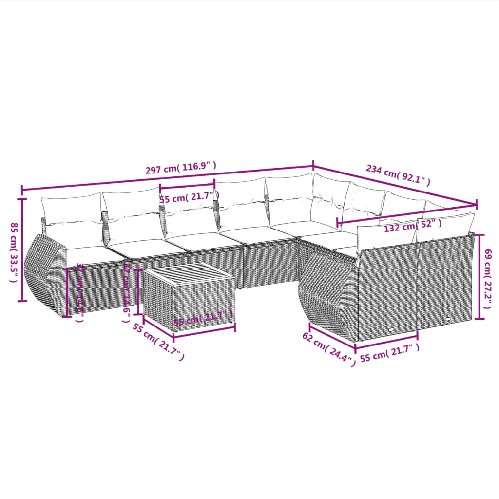 Set Divano da Giardino 10 pz con Cuscini Beige in Polyrattan 3225162