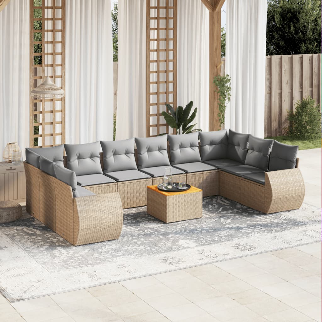 Set Divani da Giardino 11 pz con Cuscini Beige in Polyrattan 3225177