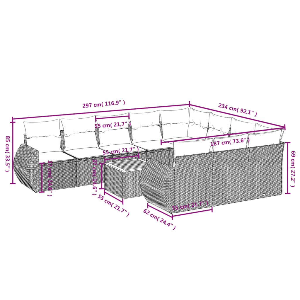 Set Divani da Giardino 11 pz con Cuscini in Polyrattan Nero 3225181