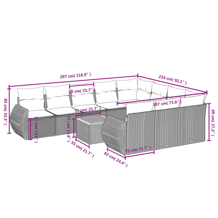 Set Divani da Giardino 11 pz con Cuscini Beige in Polyrattan 3225183