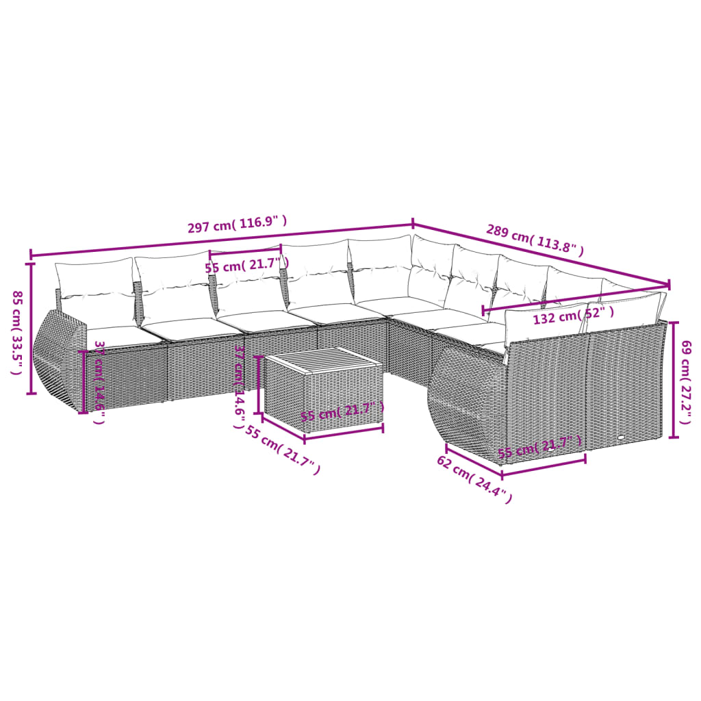 Set Divani da Giardino 11 pz con Cuscini in Polyrattan Nero 3225194