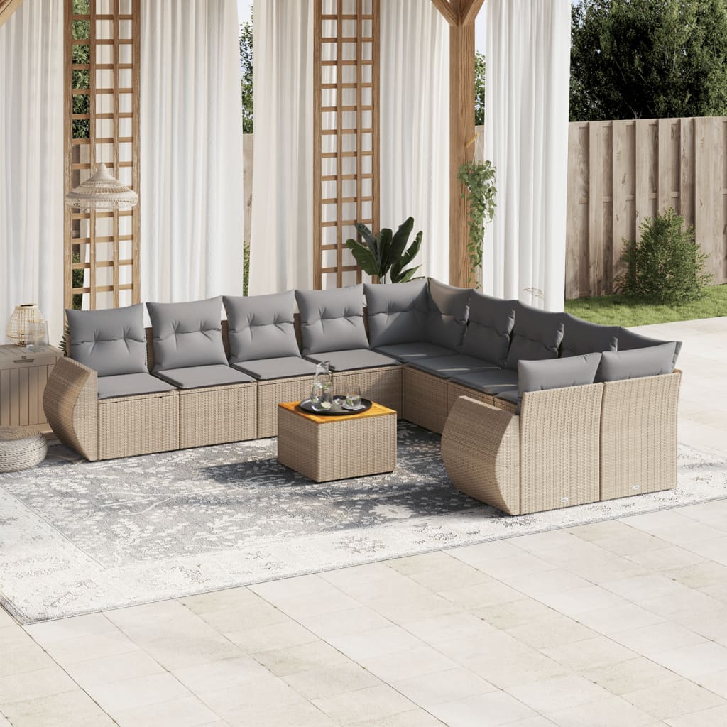 Set Divani da Giardino 11 pz con Cuscini Beige in Polyrattan 3225198