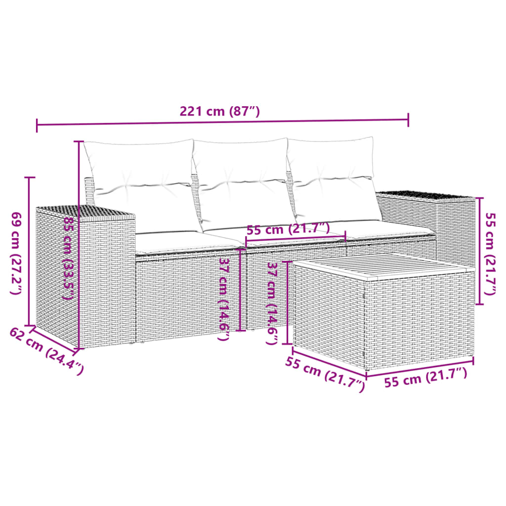 Set Divani da Giardino 4 pz con Cuscini Nero in Polyrattan 3225314