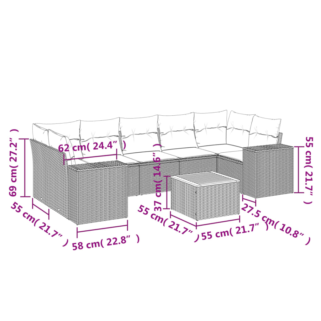 Set Divani da Giardino con Cuscini 8 pz Nero in Polyrattan 3225356