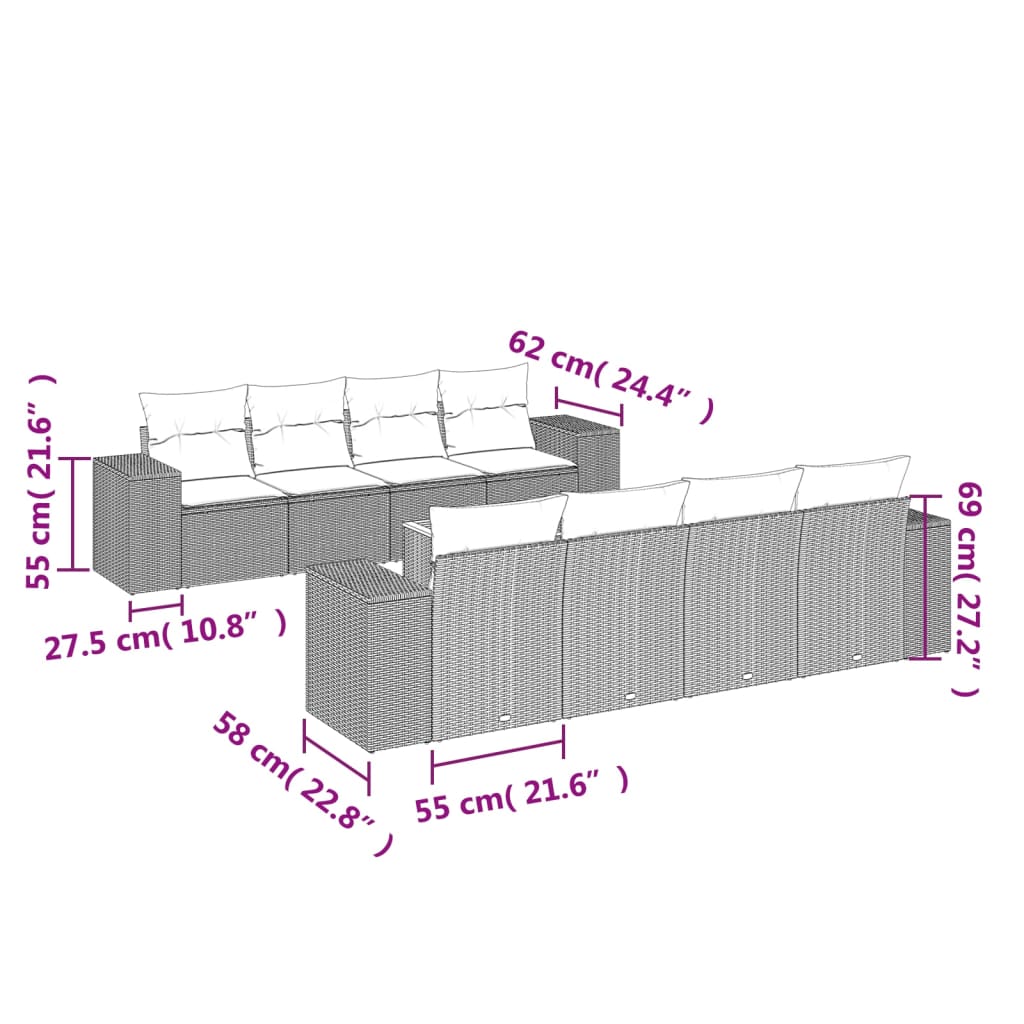 Set Divano da Giardino 9 pz con Cuscini Grigio in Polyrattan 3225367