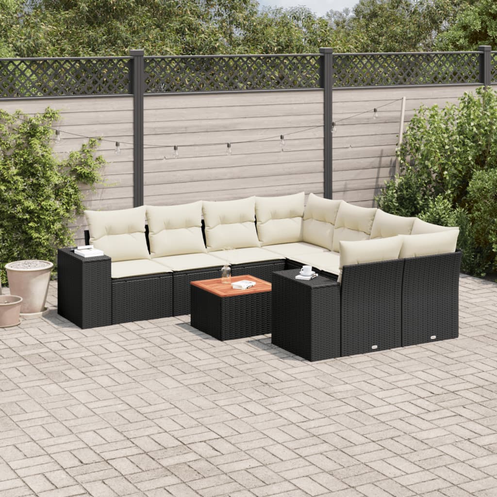 Set Divani da Giardino 9 pz con Cuscini Nero in Polyrattan 3225370