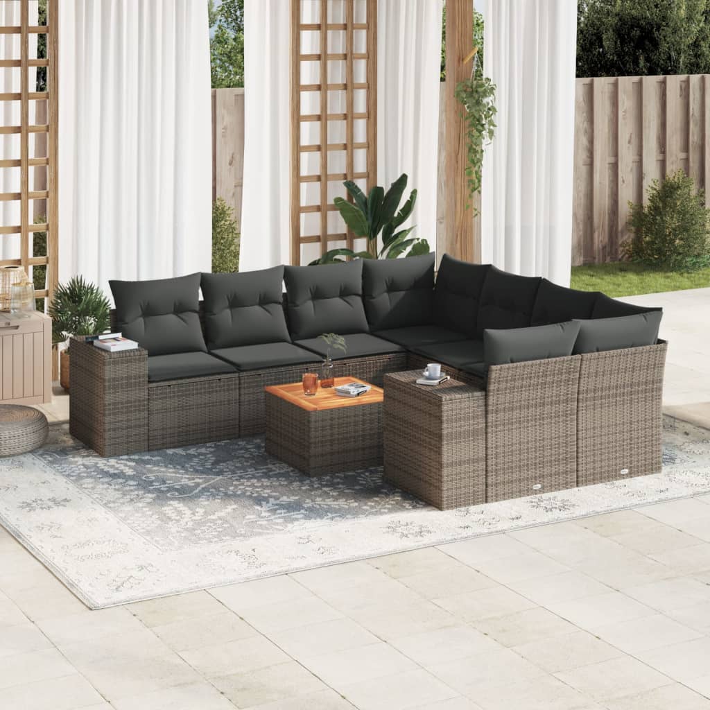 Set Divano da Giardino 9 pz con Cuscini Grigio in Polyrattan 3225374