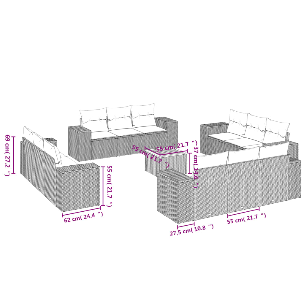 Set Divani da Giardino 13 pz con Cuscini Grigio in Polyrattan 3225381