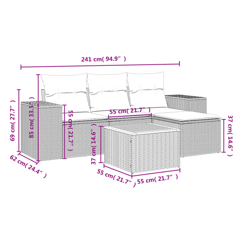 Set Divani da Giardino 5 pz con Cuscini in Polyrattan Nero 3225411