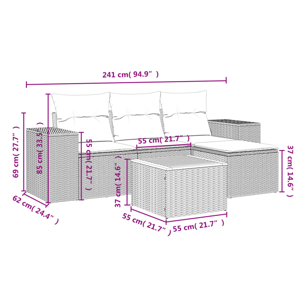 Set Divani da Giardino 5 pz con Cuscini in Polyrattan Nero 3225412