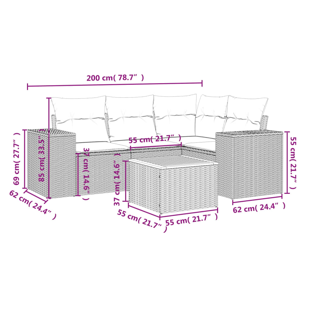 Set Divani da Giardino 5 pz con Cuscini in Polyrattan Nero 3225426