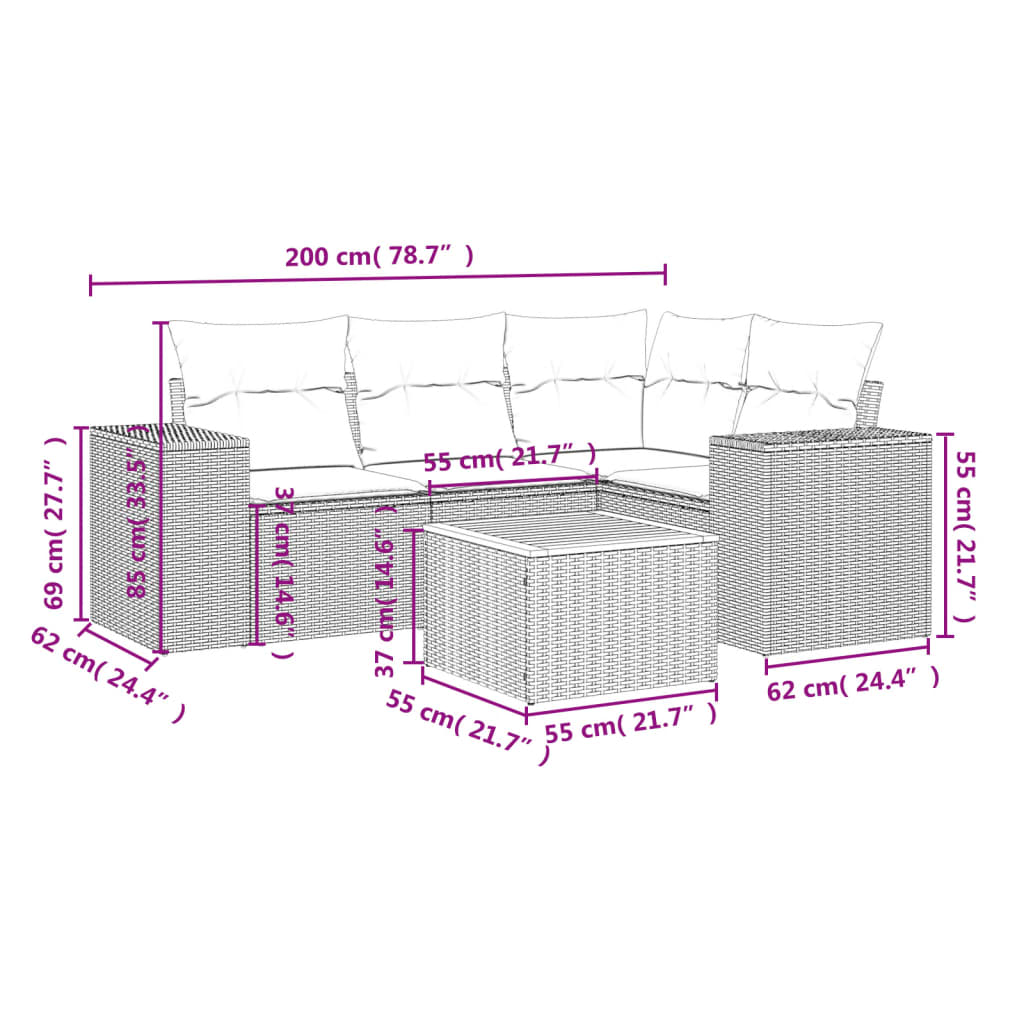 Set Divano da Giardino 5 pz con Cuscini Grigio in Polyrattan 3225430