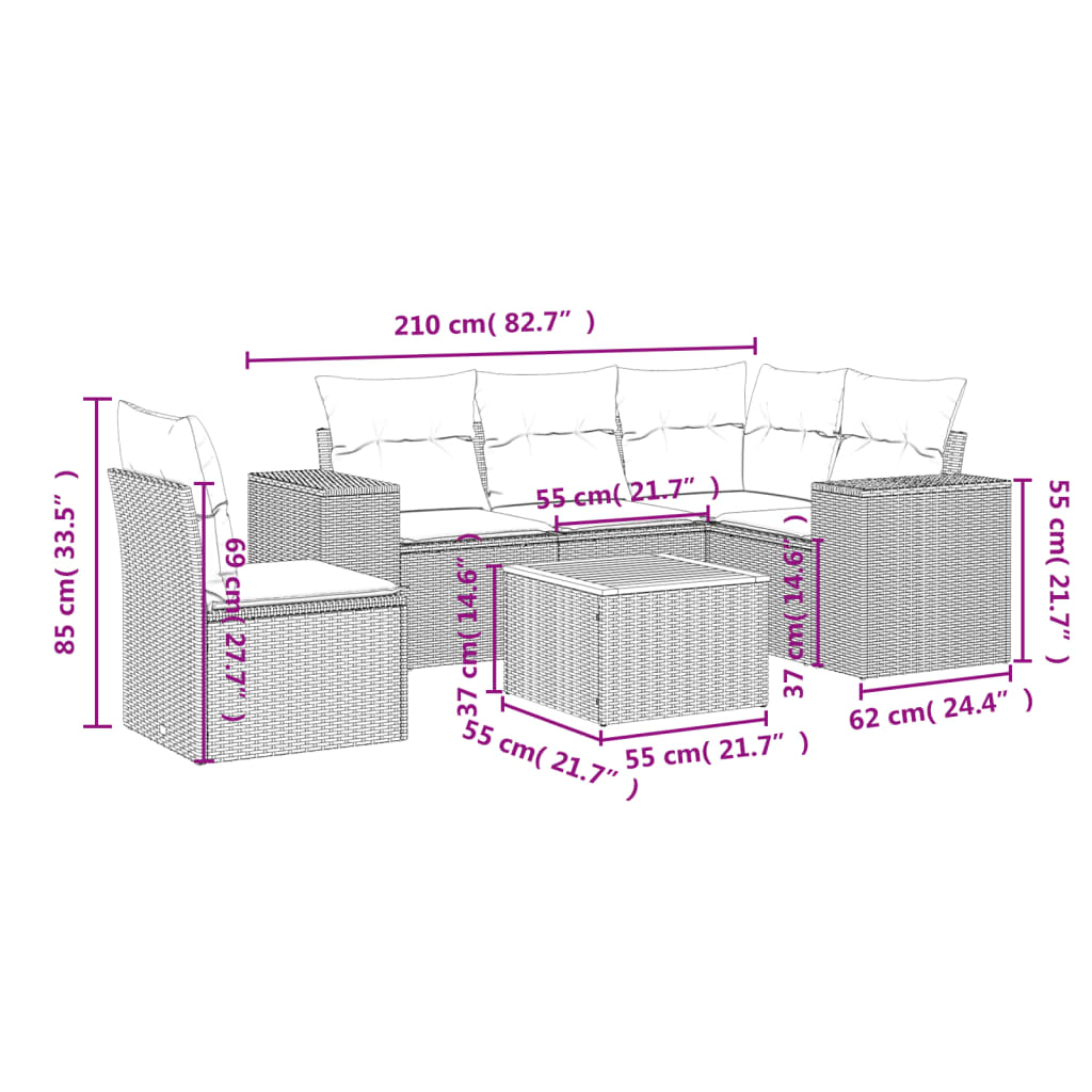 Set Divano da Giardino 6 pz con Cuscini Nero in Polyrattan 3225446