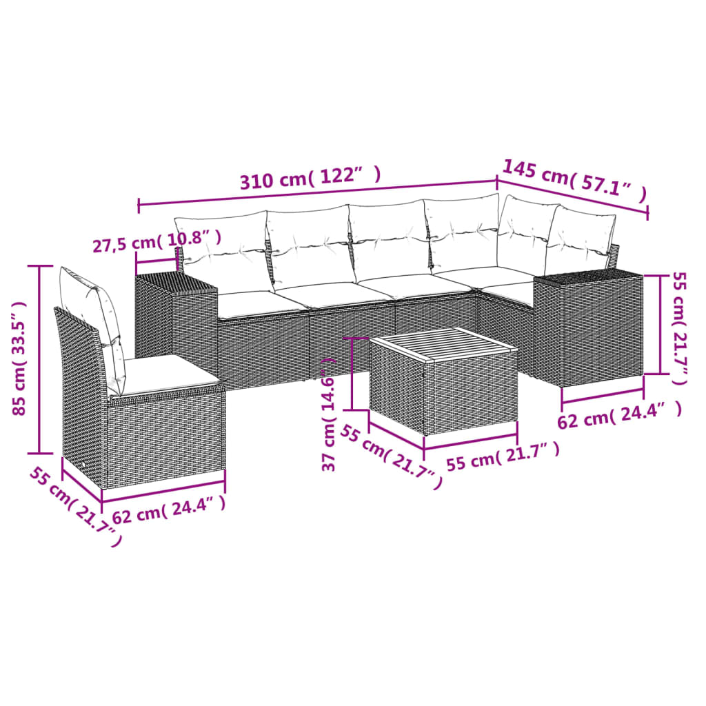 Set Divani da Giardino 7 pz con Cuscini Grigio in Polyrattan 3225472