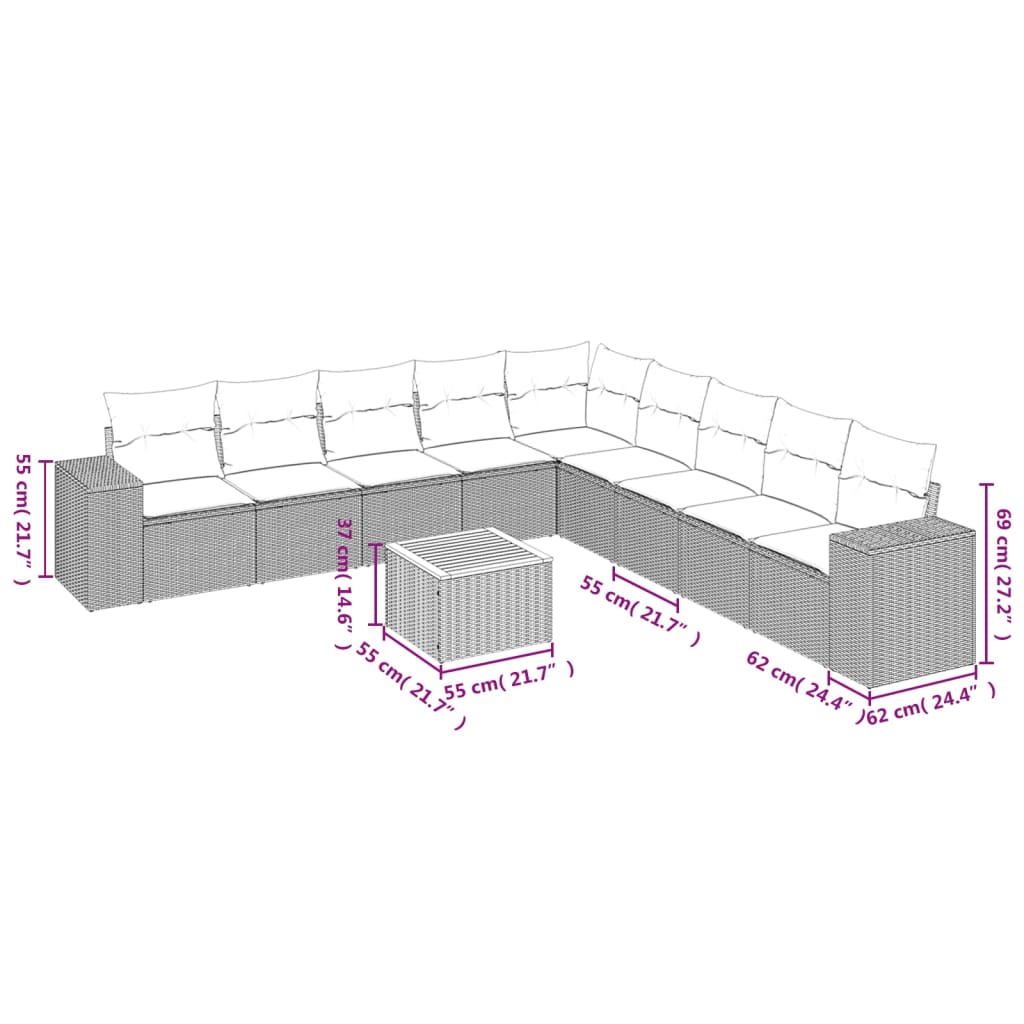 Set Divani da Giardino 10pz con Cuscini in Polyrattan Nero 3225489