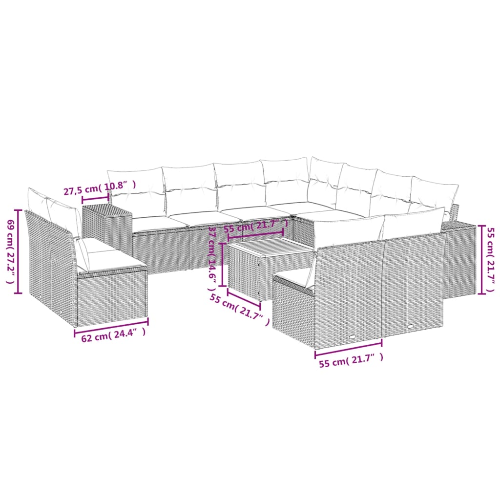 Set Divani da Giardino 12 pz con Cuscini Nero in Polyrattan 3225503