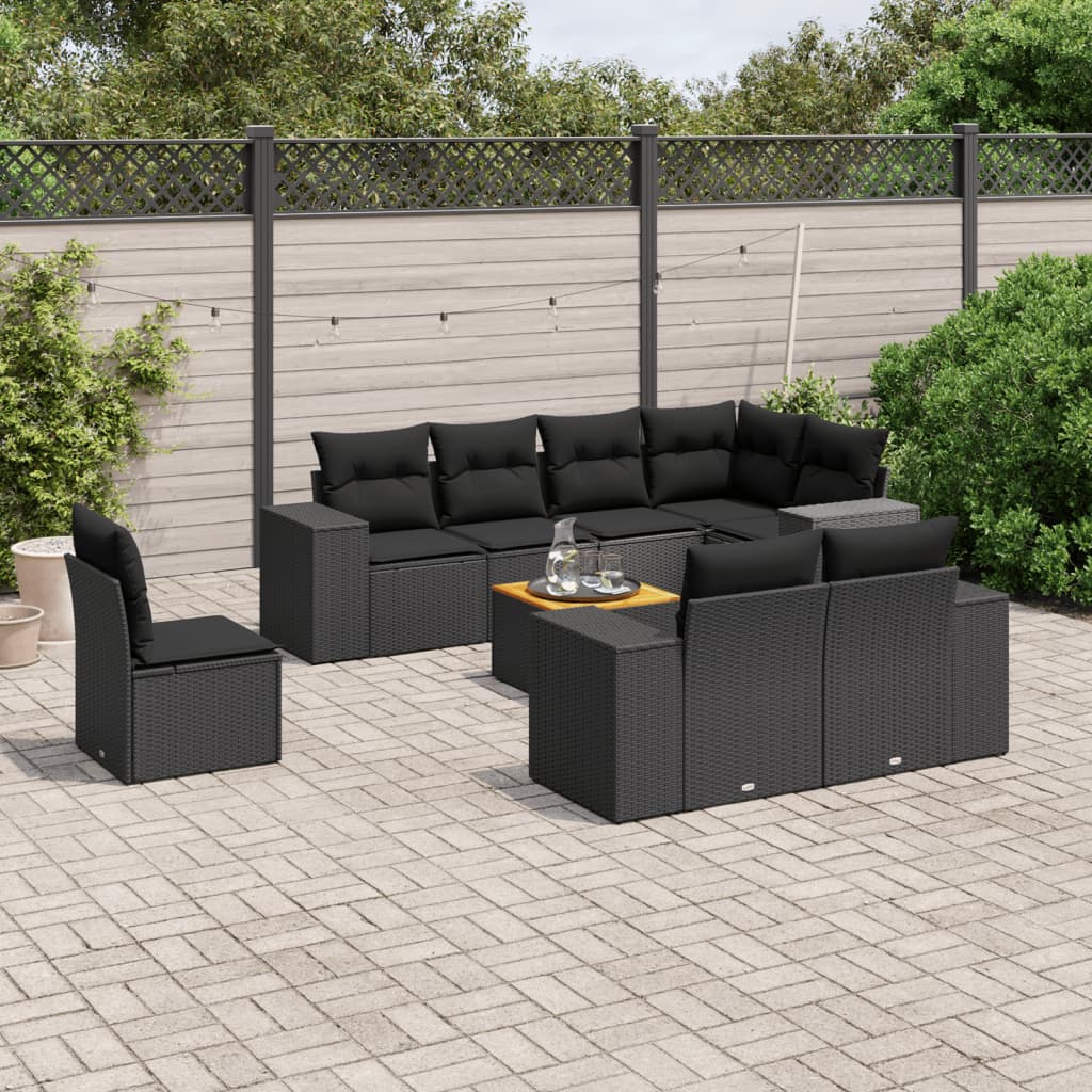 Set Divani da Giardino 9 pz con Cuscini Nero in Polyrattan 3225537