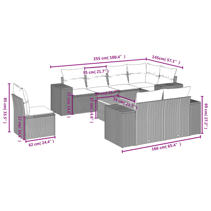 Set Divano da Giardino 9 pz con Cuscini Grigio in Polyrattan 3225542