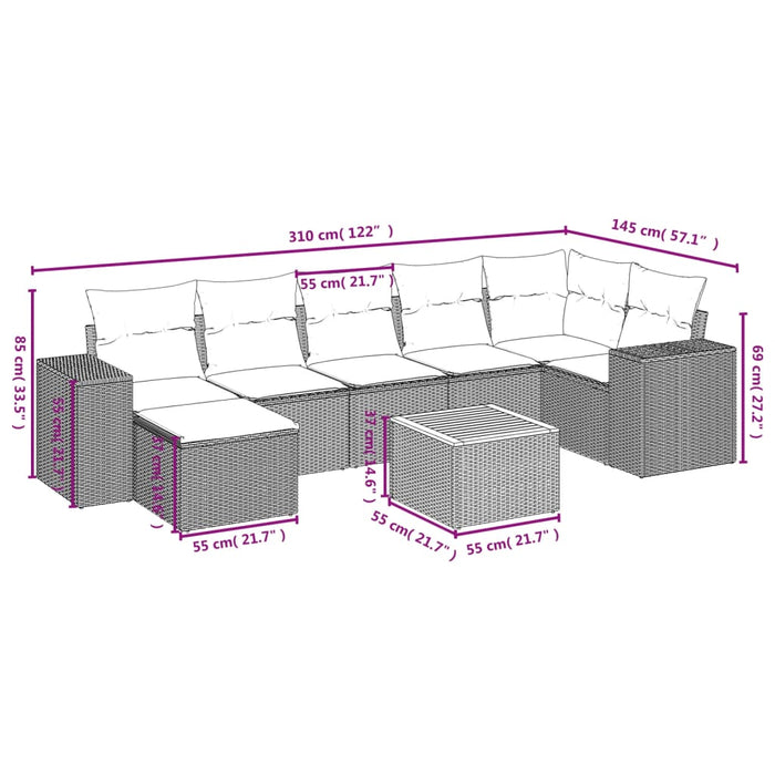 Set Divano da Giardino 8 pz con Cuscini Beige in Polyrattan 3225554