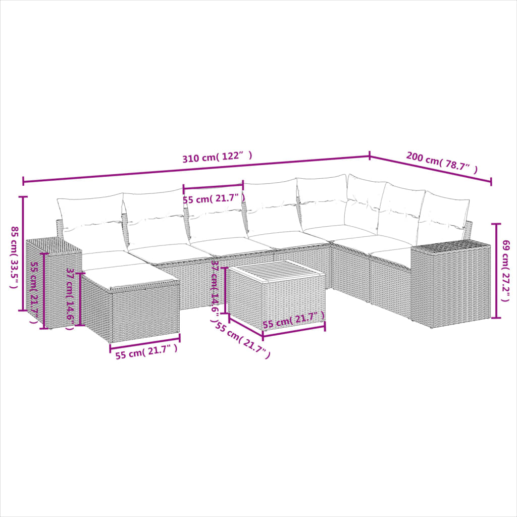 Set Divani da Giardino 9 pz con Cuscini Nero in Polyrattan 3225579