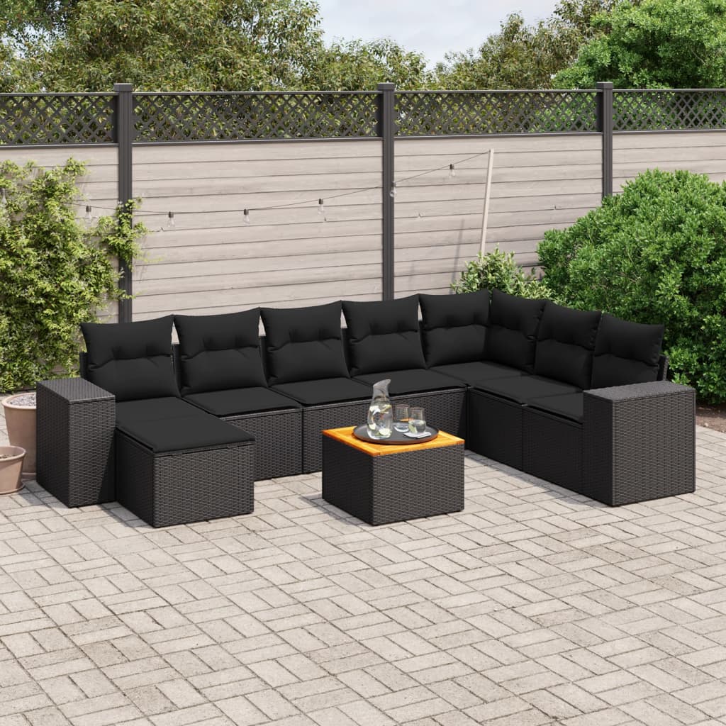 Set Divani da Giardino 9 pz con Cuscini Nero in Polyrattan 3225579